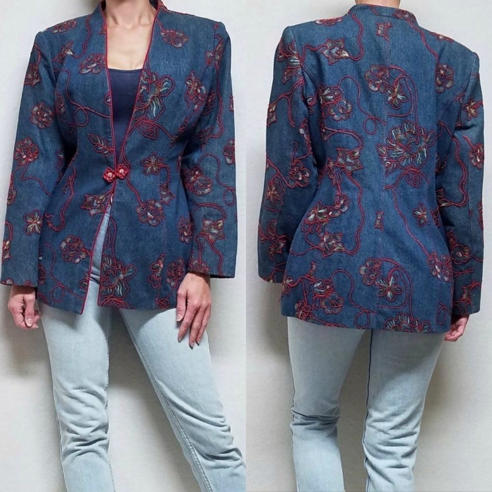 VINTAGE Lisa Renè Denim Red Floral Applique Jacket